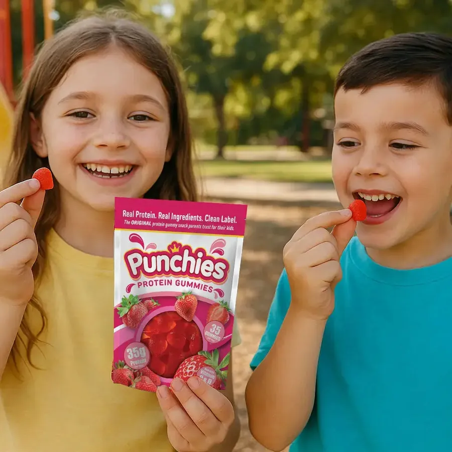 Growth gummies: two kids snacking on Punchies protein gummies