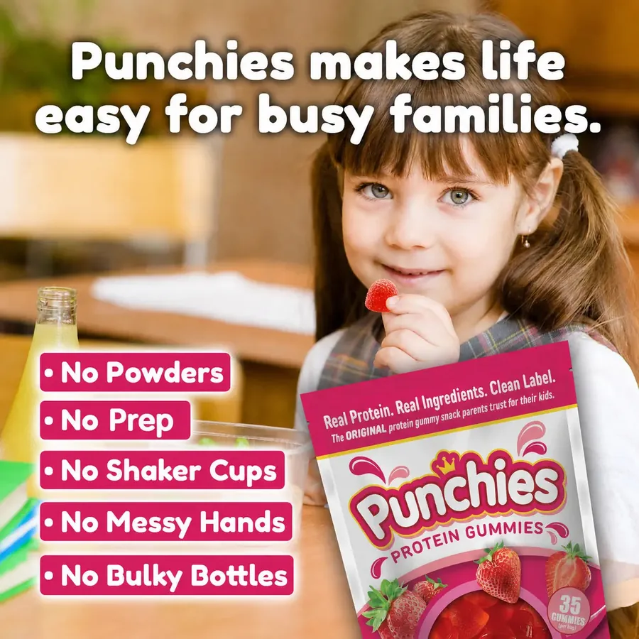 Growth gummies: a child enjoying Punchies protein gummies, with no powders, no prep and no shaker cups