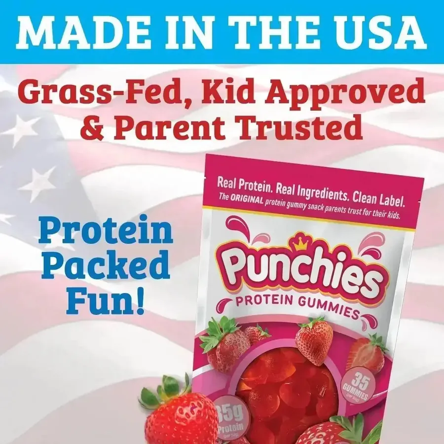 Growth gummies: Punchies protein gummies, made in the USA
